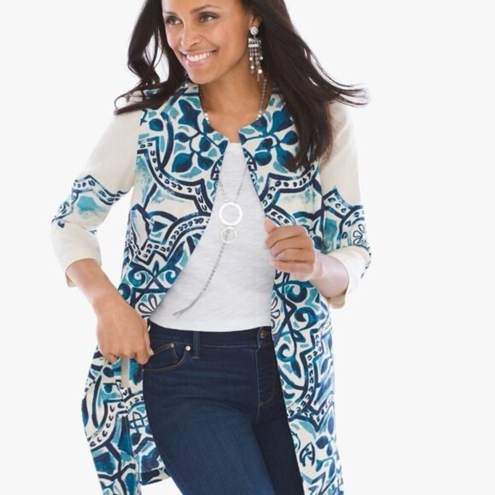 NWT Chicos Batik Watercolor Artisan Printed Linen Jacket Size XL/3 Art To Wear